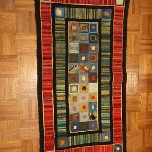 Vintage Primitive Hand-Hooked Area Rug 50x26 Colorful Horses Cats Folk Art